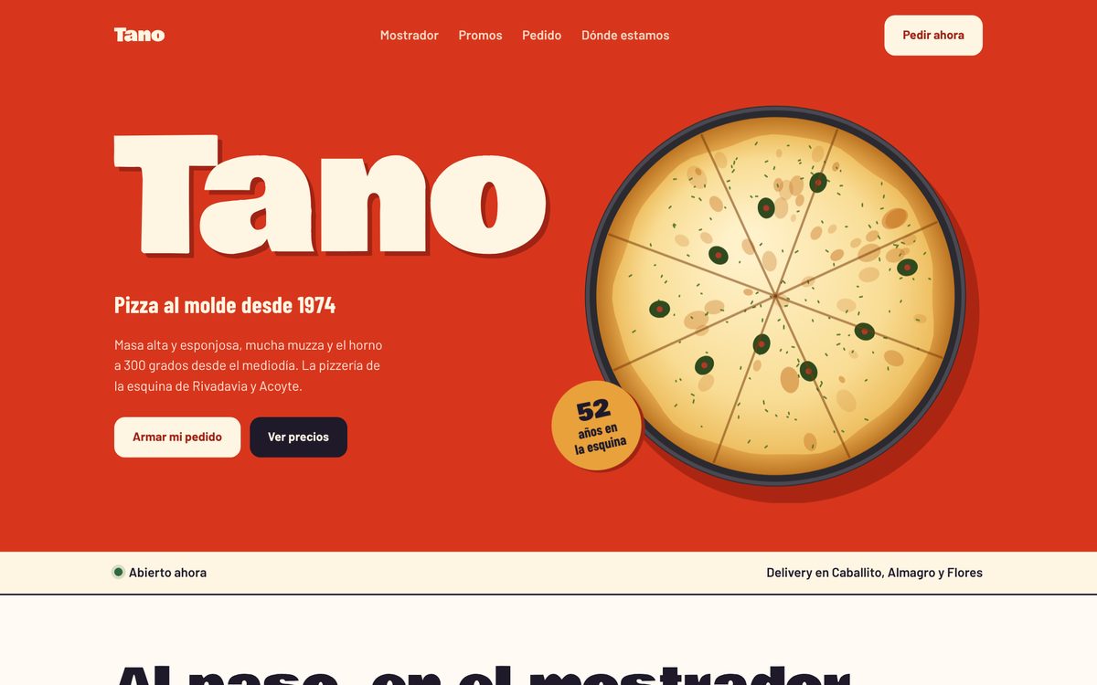 Portada del sitio de Pizzería Tano en computadora